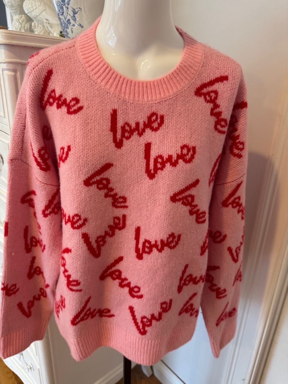CeCe Pink Crewneck Sweater with Red "Love" Script